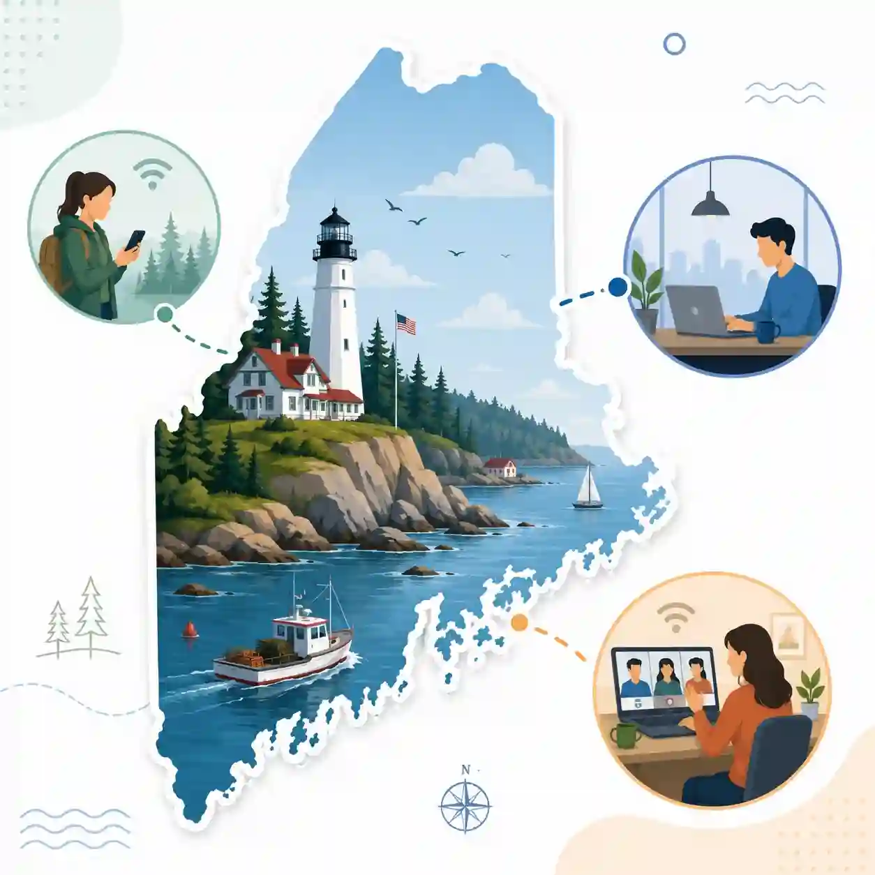 Maine state map with icons for mobile, office, remote team and call center connected to a central phone pin